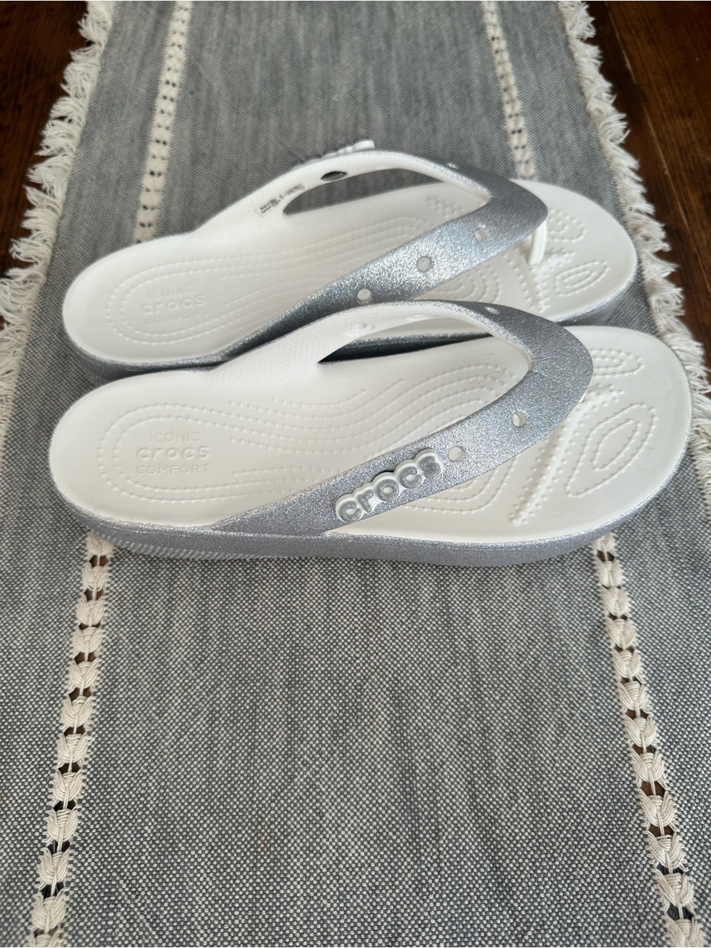 CROCS White Footbed with Silver Sparkle Strap Flip Flops